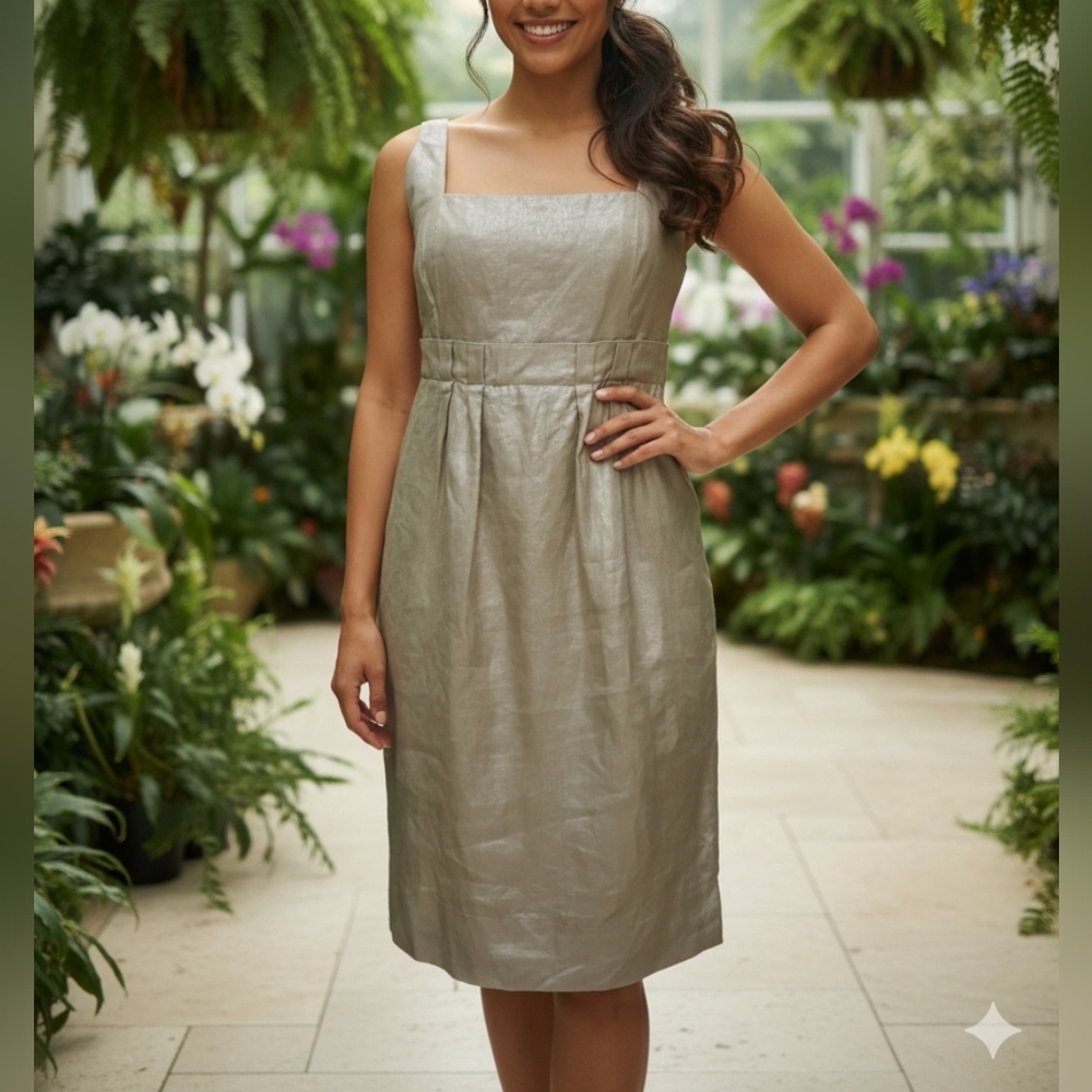 Kenneth Cole Reaction Shimmering Silver Metalic Obobe Knee  Midi Dress Sz 6